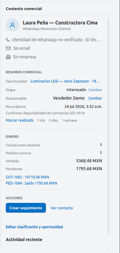 Panel de contexto comercial de Nixie con el resumen de la oportunidad, la etapa, el responsable, el recordatorio y las cifras de vendido y pendiente.